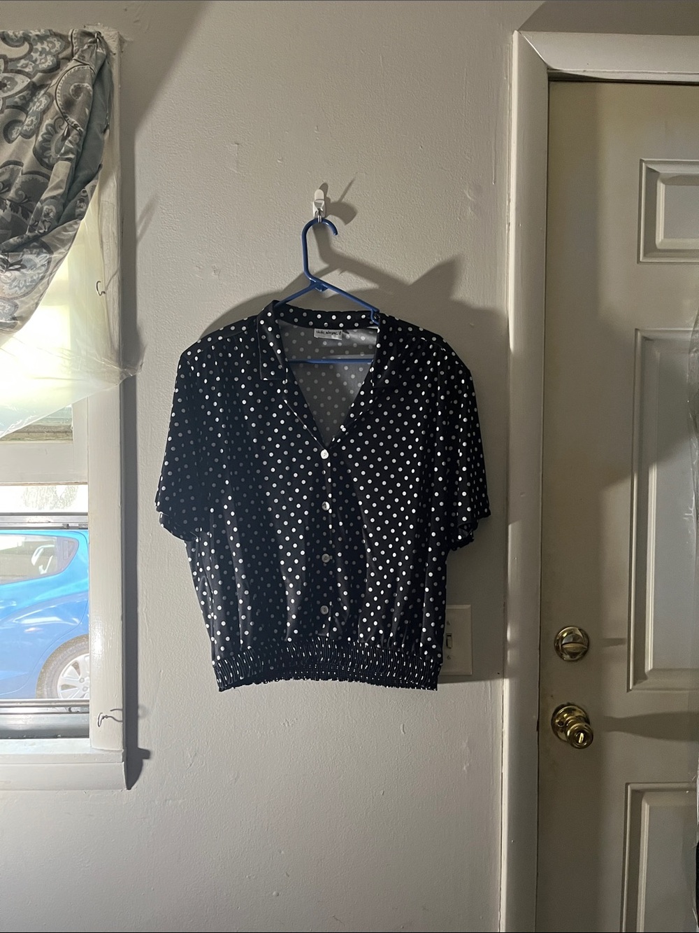 Black Polka Dot Short Sleeve Button-Front Blouse